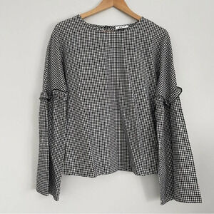 NWOT PRIV black & white ‎ cotton gingham blouse with flare sleeves M